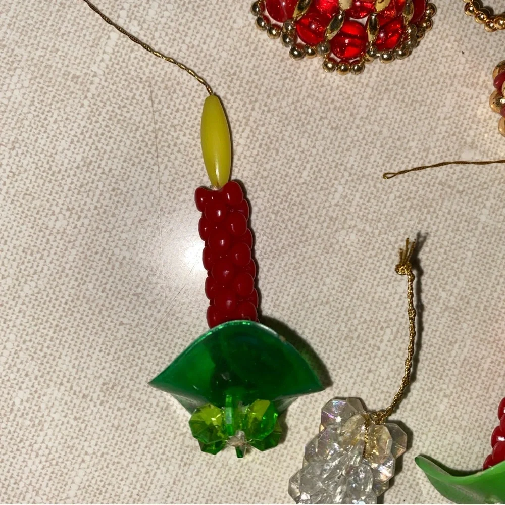 Vintage Handmade‎ Beaded Christmas Ornaments Bell Stocking Candlesticks 5 Pc Lot
